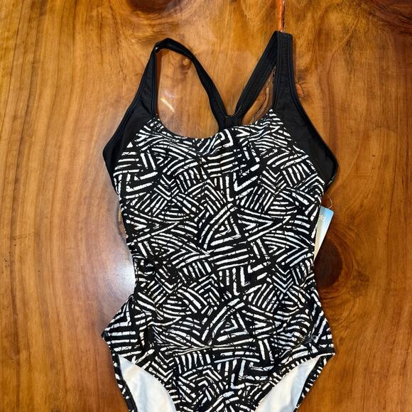 NEW Speedo Swim Women's Bathing Suit 8 One Piece Black Beach Geometric - Picture 2 of 6